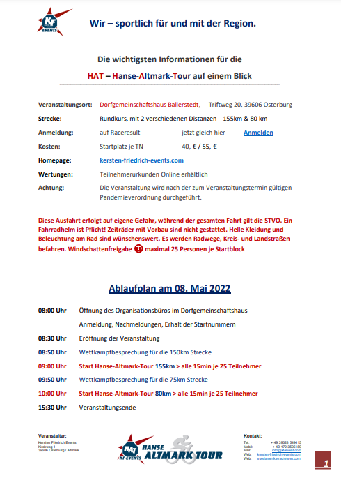 Anmeldung ab heute für die HAT – Hanse Altmark-Tour geöffnet